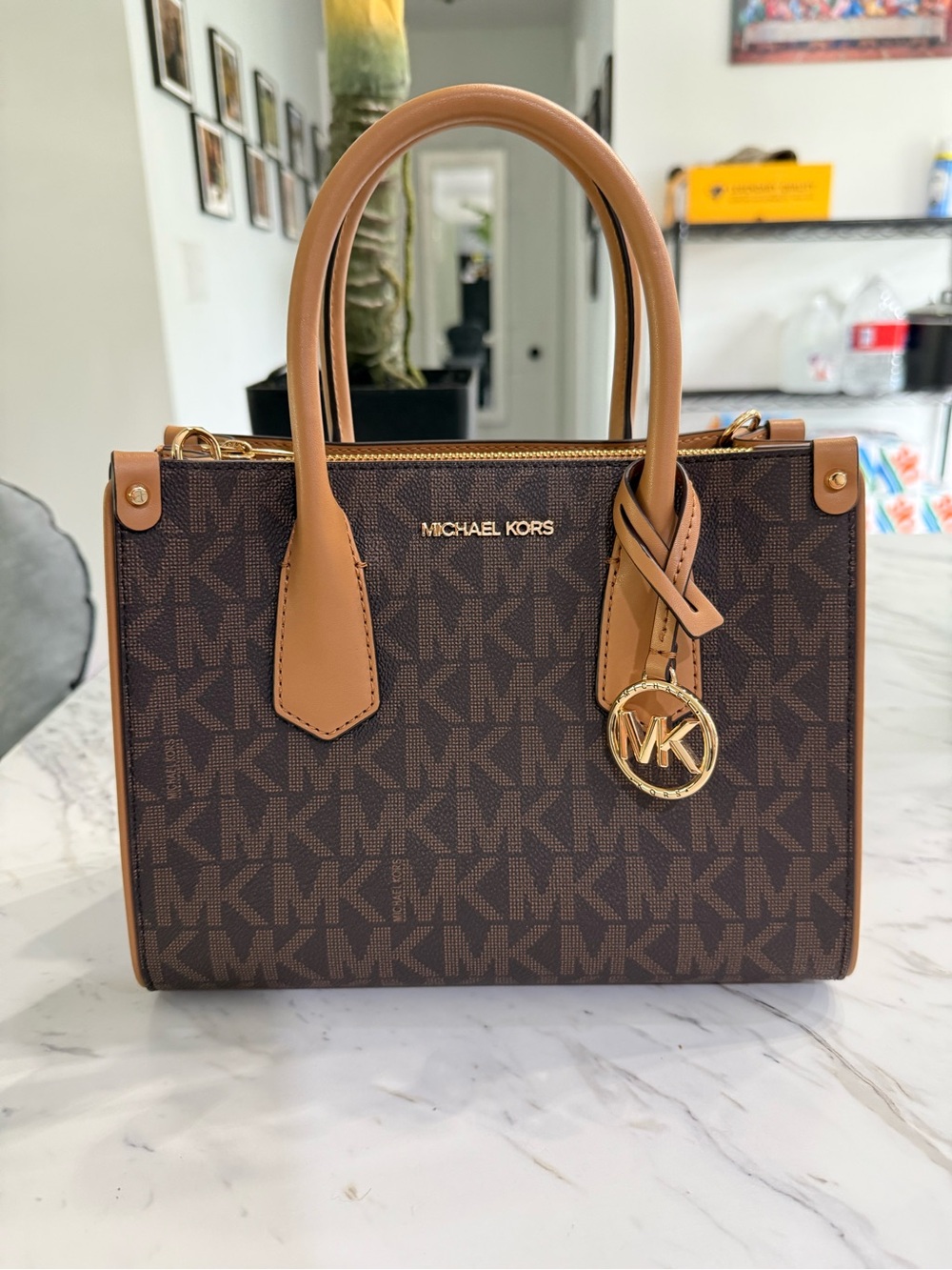Michael Kors Brown & Tan MK Logo Satchel with Gold Charm